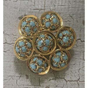 Vintage Gold-tone Blue Glass Stone Round Vintage Brooch Estate Jewelry